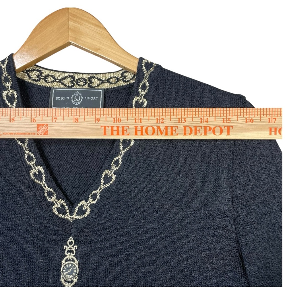 St John Sport By Marie Gray Women Sweater black V neck gold embroidered clock S - Picture 8 of 10